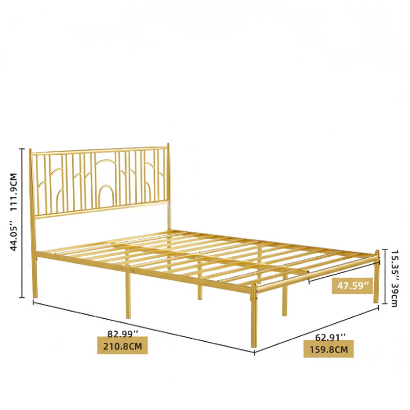 Base de lit plateforme en métal (acier) pour grand lit avec tête de lit classique en fer. Une conception simple et classique qui convient aux meubles de chambre à coucher, d'hôtel ou d'école.