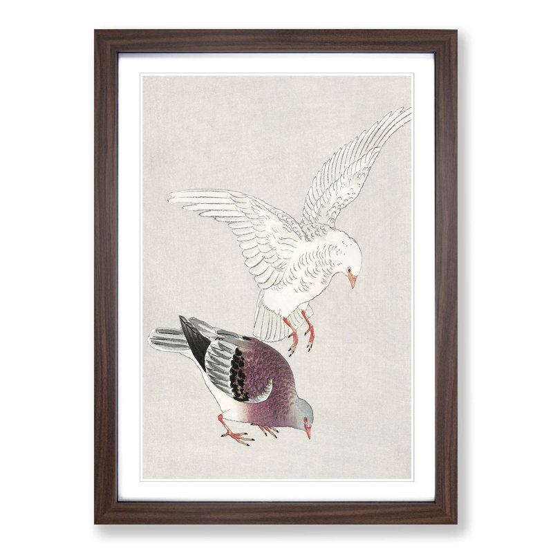Two Pigeons by Ohara Koson - Picture Frame Painting Print, 36cm H x 27cm W x 2cm D, Walnut Framed