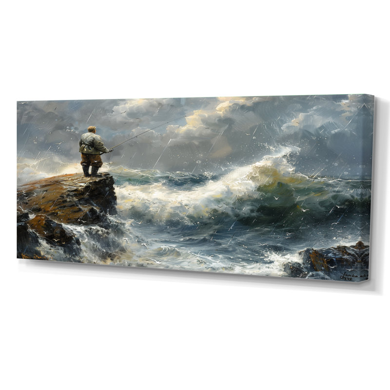 Cliffside Ocean Fishing - Chasse et pêche, art mural, Toile tendue, H 28 po x l 60 po x P 1,5 po