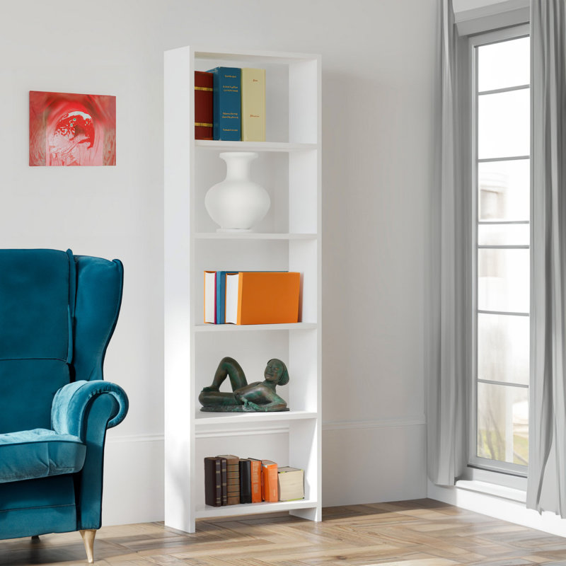 Modern White Bookshelf, 63.0 x 19.7 x 7.7 inches | 100% Melamine Coated Particle Board, Thickness: 0.7 inches | Numerous Shelves, Wall-Mountable, Stylish Storage Solution for Home & Office | Elegant Design