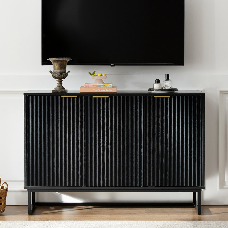 Fluted Sideboard Buffet Cabinet With 3 Doors,Accent Cabinet With Adjustable Shelves For Living Room, Black