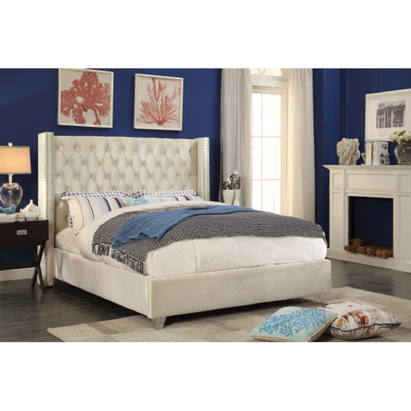 Upholstered Wingback Bed, Creme, Queen