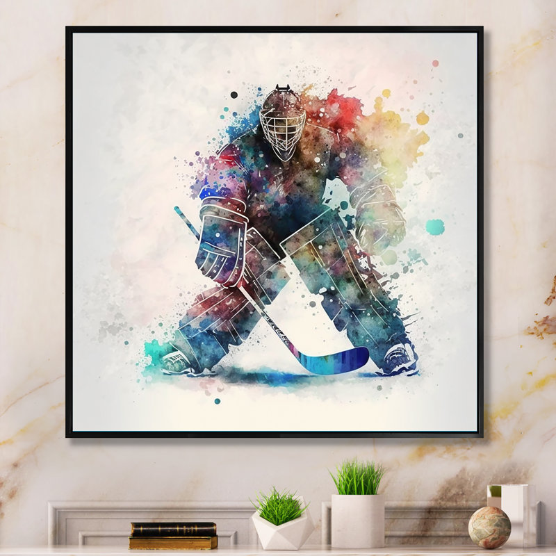 Hockey gardien de but pendant le jeu de hockey II, H 36 po x l 36 po x P 1,5 po, Toile avec cadre flottant noir