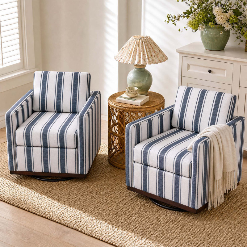Fauteuil rembourré pivotant, Mélange de coton rayé bleu foncé