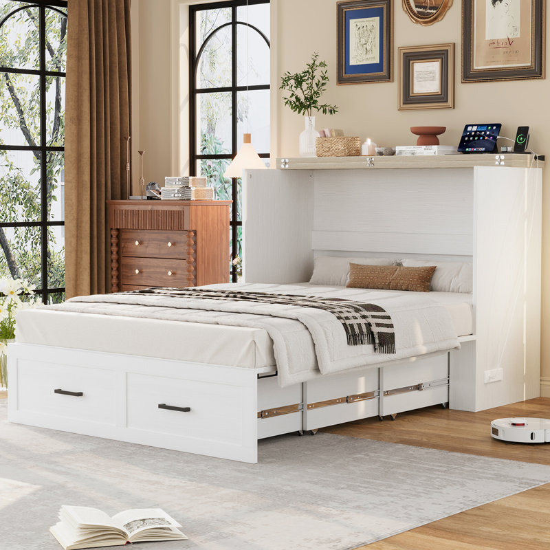 Armoire-lit blanc avec station de charge intégrée et tiroir de rangement généreux, plateforme pliable pour les petites chambres, espace pour les invités, contenant abondant, dans une chambre à coucher compacte