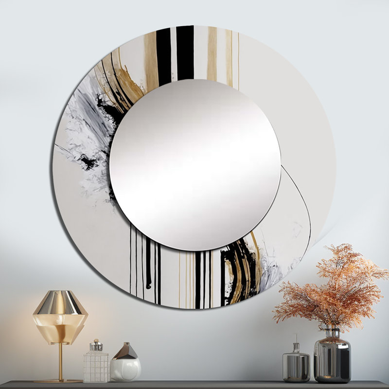 Shivaun Golden Minimalist Abstract II - grand miroir abstrait, décor de miroir mural rond noir unique, impression d'art en métal