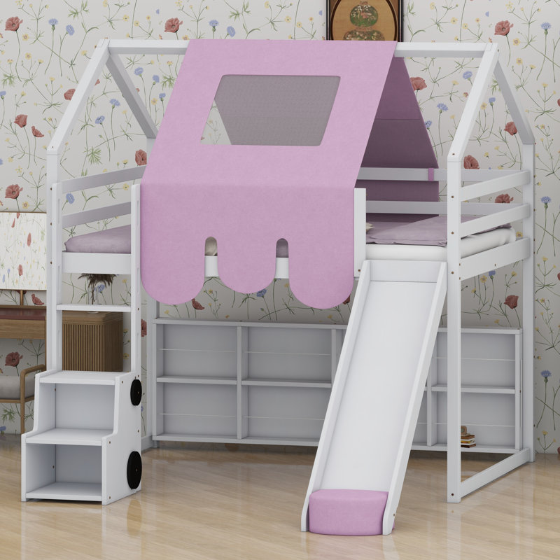 Lit mezzanine peu encombrant avec structure en forme de maison et tente, Blanc + rose