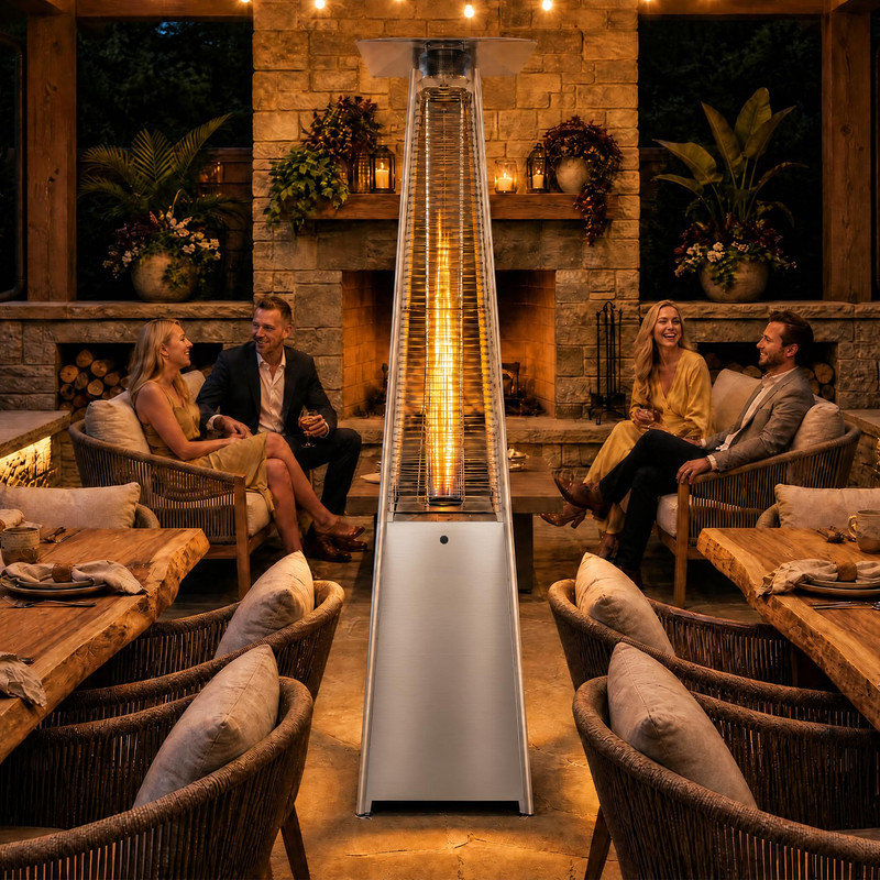 Chauffage de terrasse au propane Pyramid avec roulettes et housse imperméable, argenté – Chauffage extérieur de 227 cm (89,4 po) pour terrasse, patio et bord de piscine