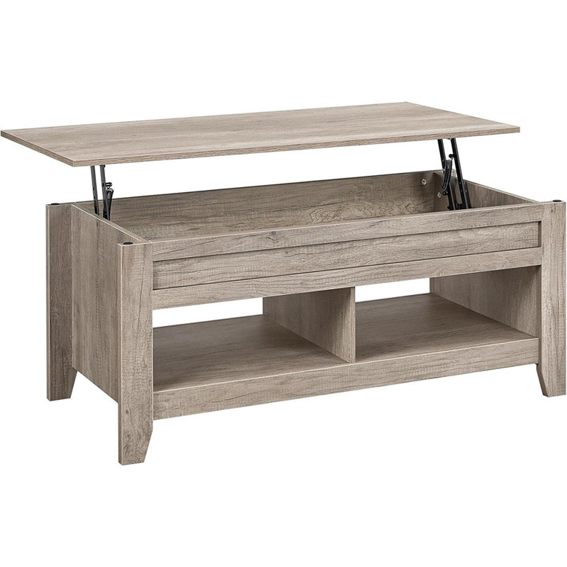 Table de bout escamotable Enzio L, gris, avec compartiment de rangement caché et deux tablettes ouvertes