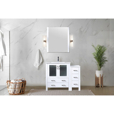 White Bath Vanity 42" W X 18.25" D, Side Cabinet, Ceramic Top & Faucet, Soft Close, Countertop With Incredible Stain Resistance Scratch- And Stain- Surface, Storage