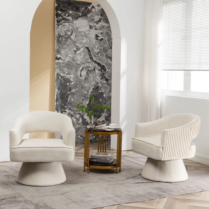 Chynna Velvet Swivel Barrel Chair, Beige Velvet