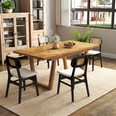 Farmhouse Dining Table Set, Solid Wood Extendable Dining Table And Rattan Back Dining Chair For Dining Room/Kitchen/Living Room