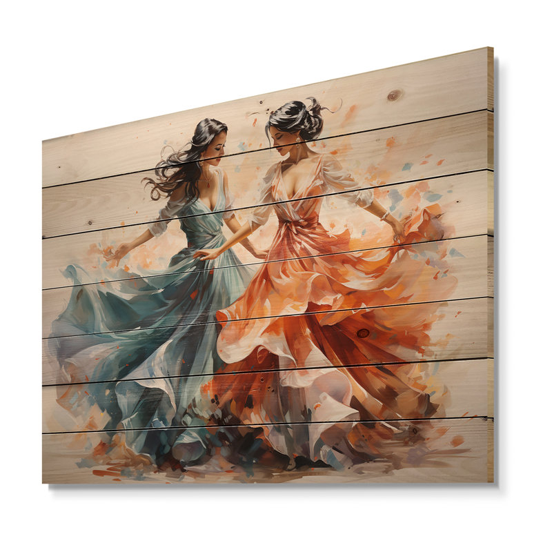 «Peach Blue Indian Art Kathak Dancers» sur impression sur bois, H 30 po x l 40 po x P 0,78 po
