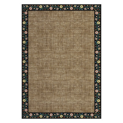 Brown Washable Area Rug 8x10ft Soft Low Pile Non-Slip Carpet with Floral Edgeed Design for Living Room Dining Room Nursery hin Collapsible Mark Resistant Mat