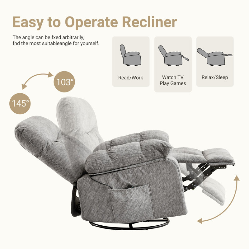 36.2" Swivel Rocker Upholstered Recliner with Massage and Heat, Light Grey