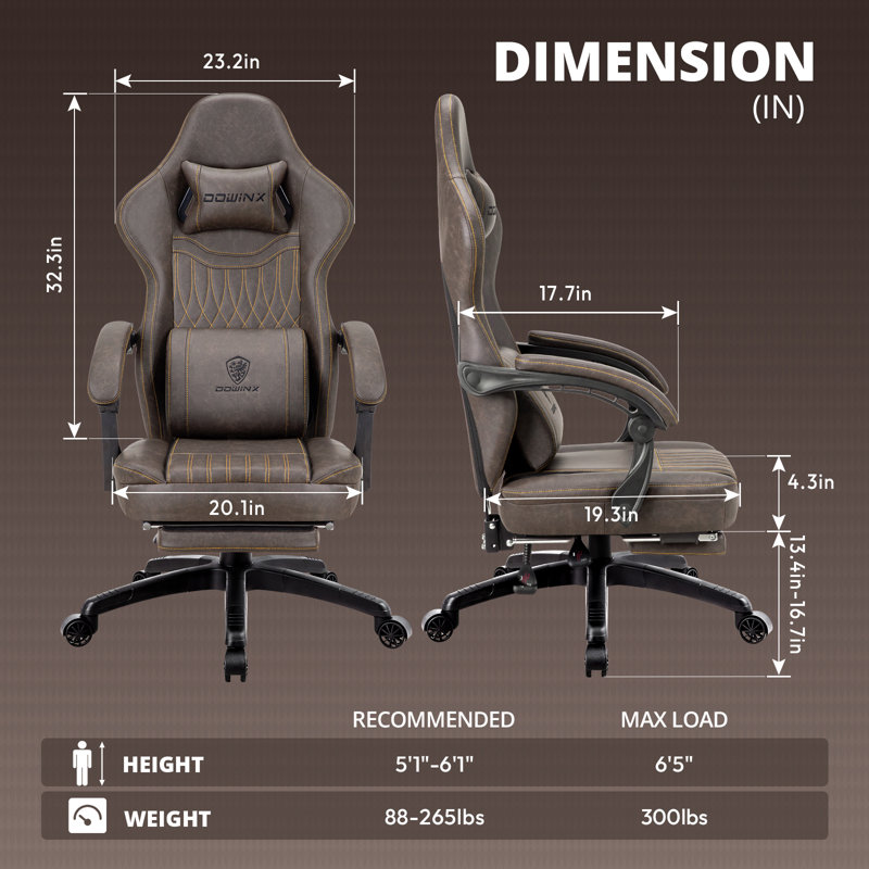 Ergonomic Gaming Chair with Massage Lumbar Support and Footrest — PU Leather Reclining Computer Desk Chair with Pocket Spring Cushion for Adults, Big and Tall Users