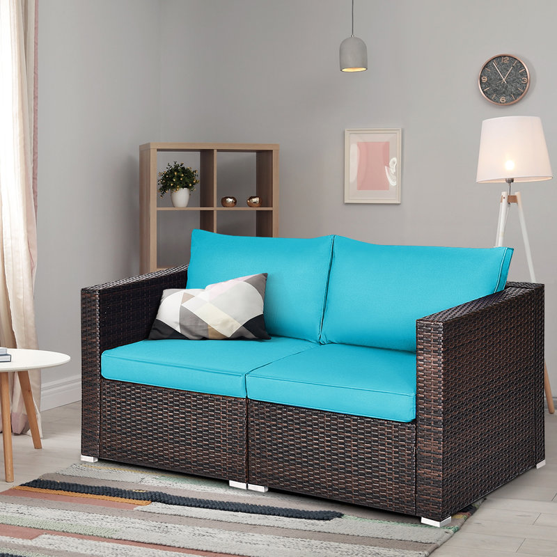 Causeuse en osier de 59 po de largeur avec coussins, Turquoise