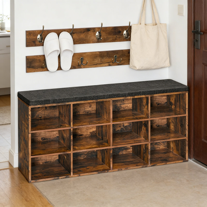 Banc de rangement multifonctionnel avec 12 casiers et coussin amovible, armoire à chaussures avec porte-manteau pour l'organisation de la chambre à coucher et du couloir, peut supporter jusqu'à 330 livres