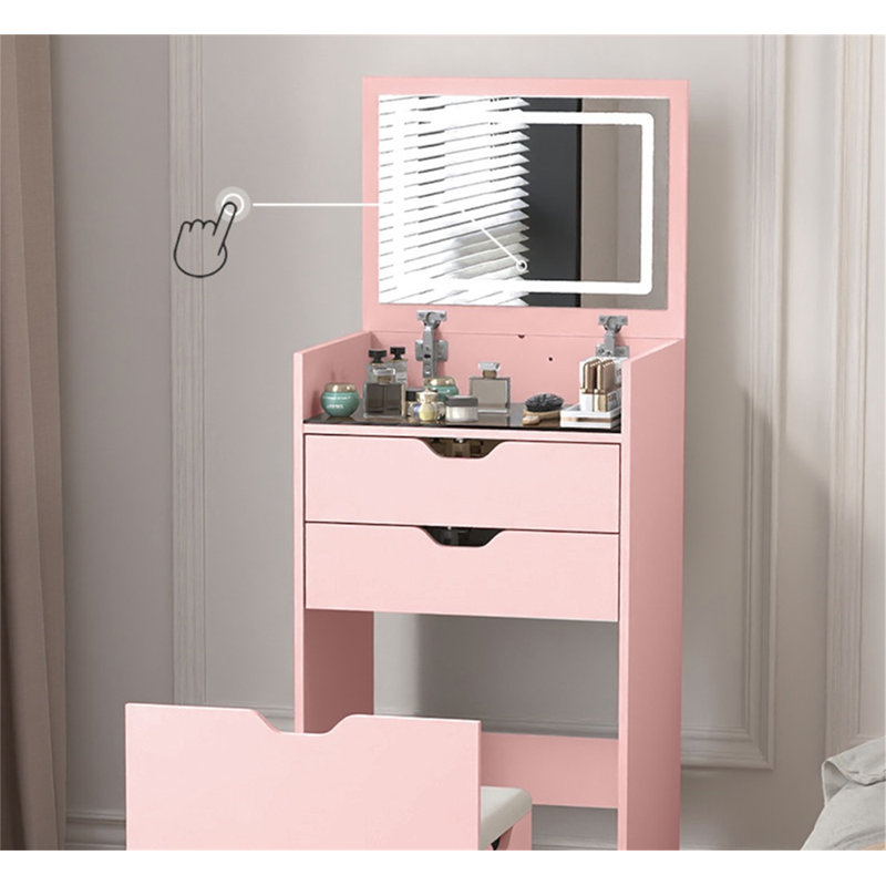 Coiffeuse et tabouret, ensemble de coiffeuse multifonctionnel 3-en-1, avec modes d'éclairage tricolore, miroir HD, deux tiroirs coulissants et tabouret de rangement caché