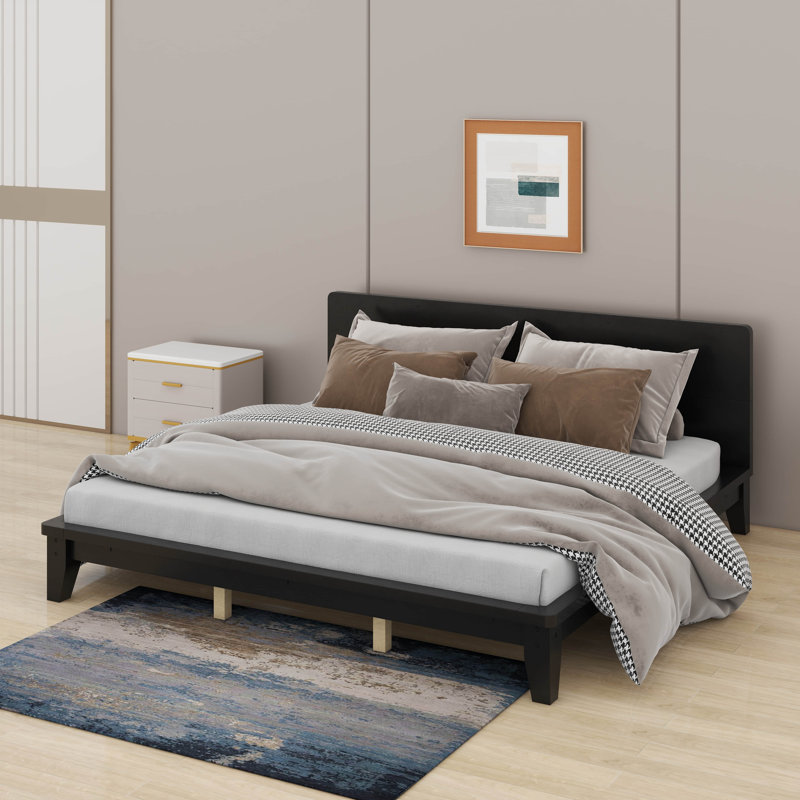 Lit plateforme en bois avec tête de lit, structure de lit moderne et robuste avec support en lattes de bois, Black, King