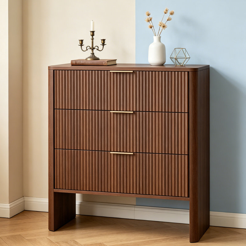 Modern 3 Drawers Dresser for Bedroom, Dressers & Chest of Drawers, Storage Cabinet Wavy Pattern Modern Bedside Cupboard Dressing Table For Bedroom Living Room Hallway Walnut
