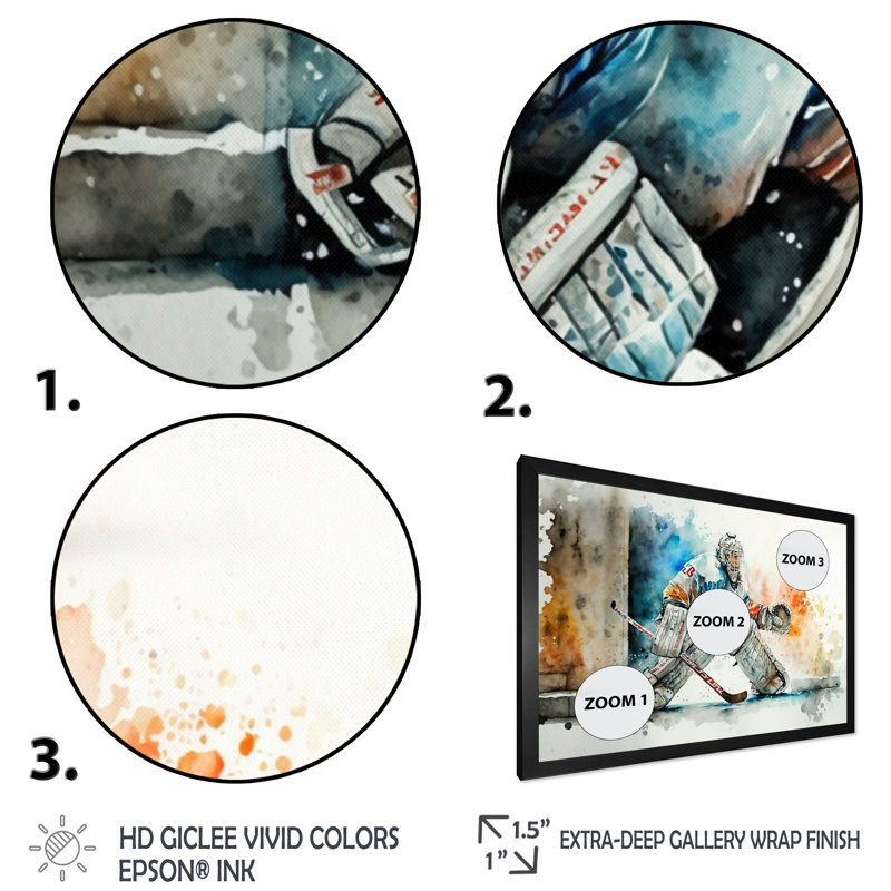 Gardien de but pendant le jeu I - Peinture sur toile, H 12 po x l 20 po x P 1 po, Cadre photo noir