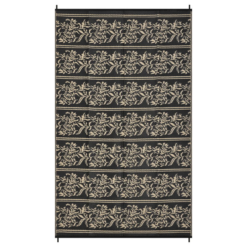 Waterproof Reversible Outdoor Rug - Boho Leaf Design - Large, UV & Mark Resistant, Washable Plastic Patio Mat with 4 Stakes & Storage Bag for RV, Camping, Deck, Balcony, 9x18ft
