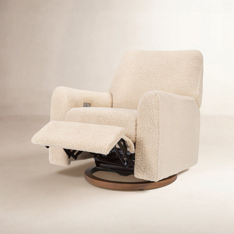 Sunday Power Recliner and Swivel Glider, Beige Sherpa, Dark Wood