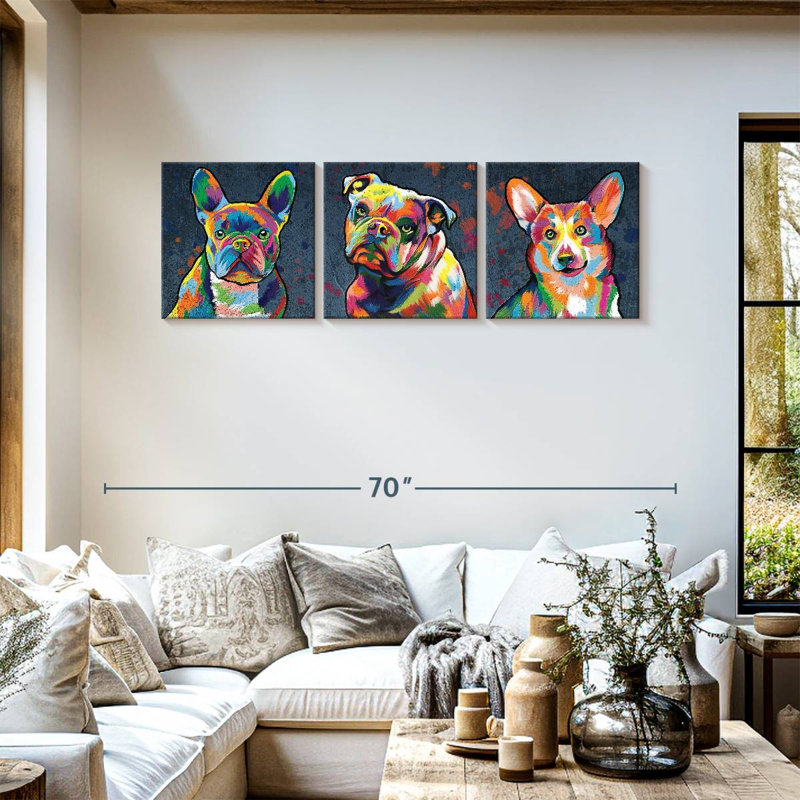"Dog Alerte Dogs", ensemble de 3 reproductions de couleurs abstraites sur toile par Jude A, H 18 po x l 57 po x P 1,25 po