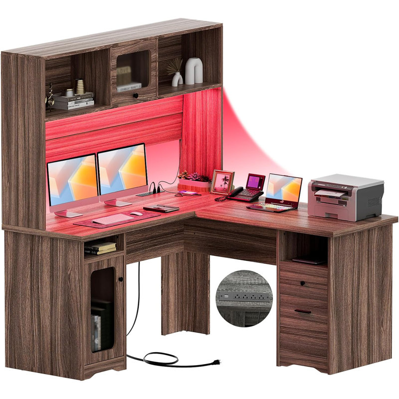 Black L-Shaped Executive Desk with Hutch and Power Outlet