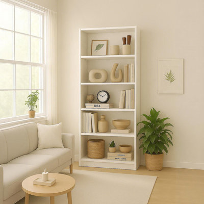 5-Tier Bookshelves Storage Cabinet In White, Perfect For Organized Display And Vertical Space Utilization
