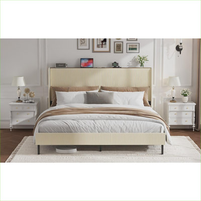 Platform Bed for Bedroom, Soft Beige Metal and Wood Construction, Queen Size with Built-in Charging Station