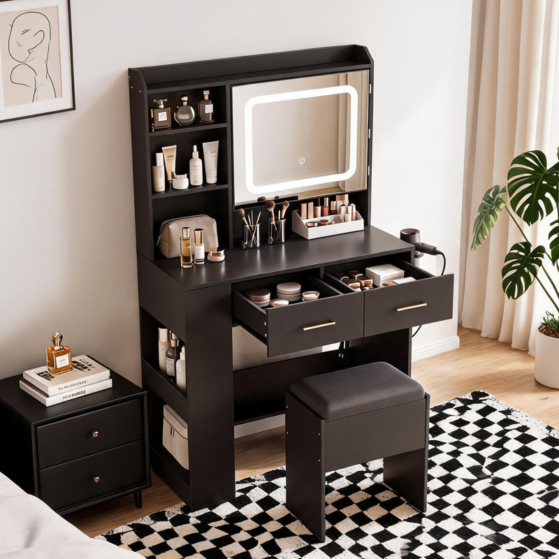 Ensemble de coiffeuse avec miroir - Éclairage à DEL - Station de charge avec ports et prises USB - Tiroirs et tablettes - Tabouret rembourré