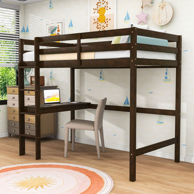 Twin Wood Loft Bed With Built-In Desk And Safety Guardrail