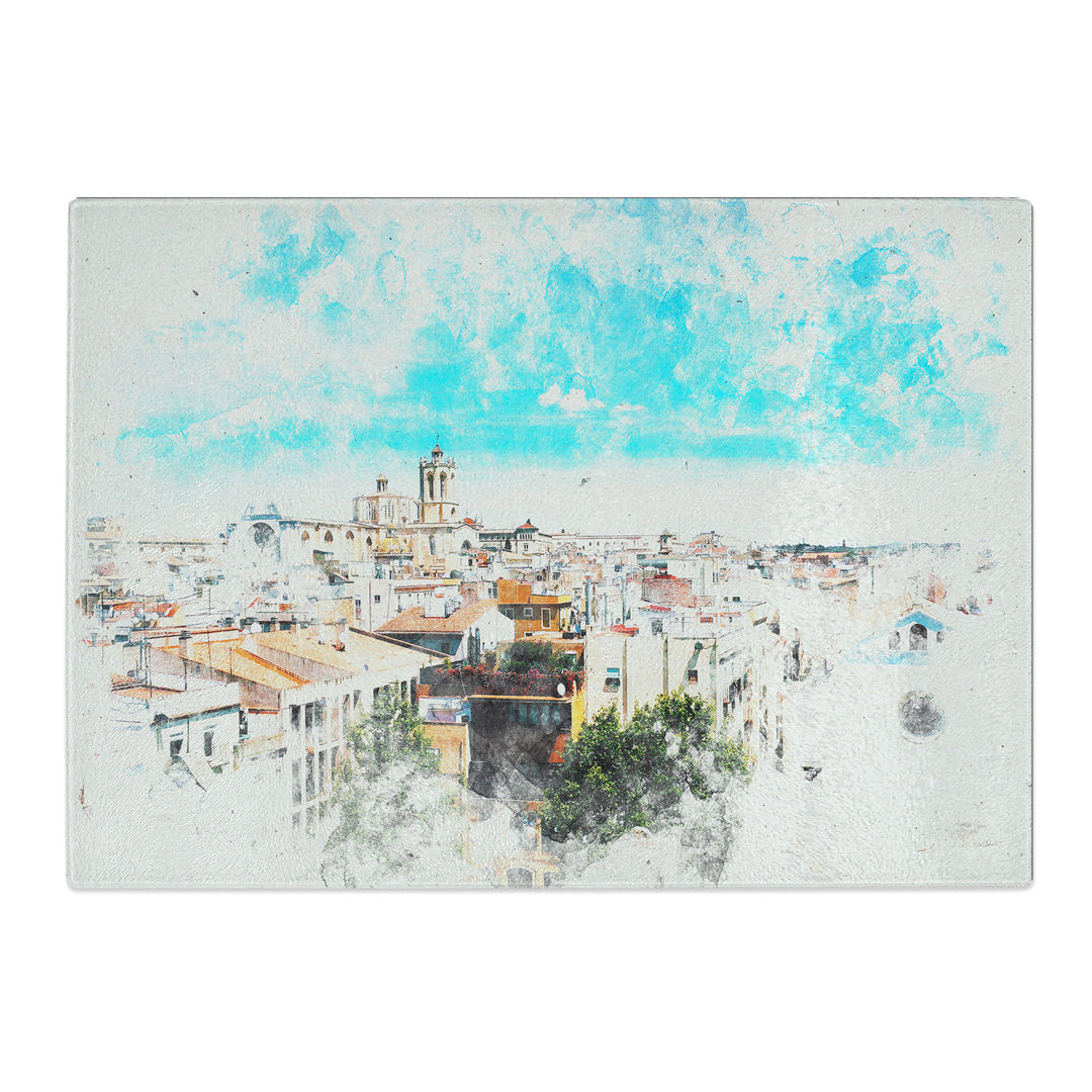 Tempered Glass View of Tarragona in Spain Watercolour Chopping Board