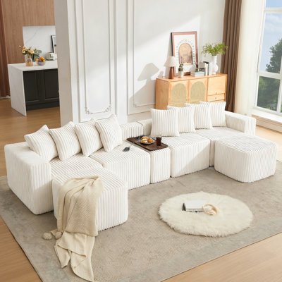 137.5" U Shaped Sofa , USB & Wireless Charge, Coffee Table Board With a Cup Holder, Oversize Movable Modular Sofa,Movable Footstool,No Assembly,6 Seats,Corduroy,Compression sofas
