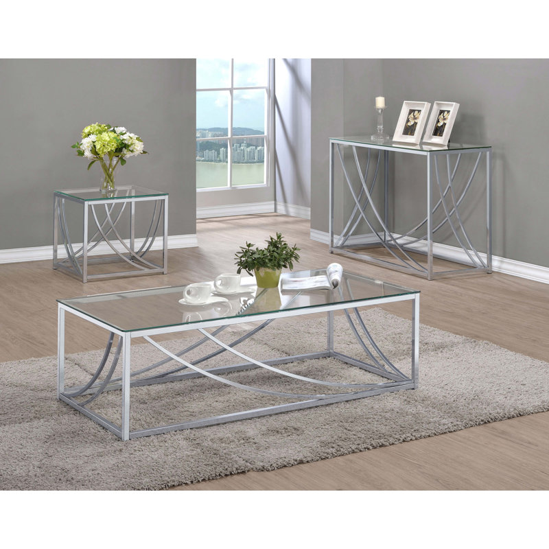 Console Kempton avec plateau en verre chromé - table d'appoint moderne Glam avec cadre chromé réfléchissant