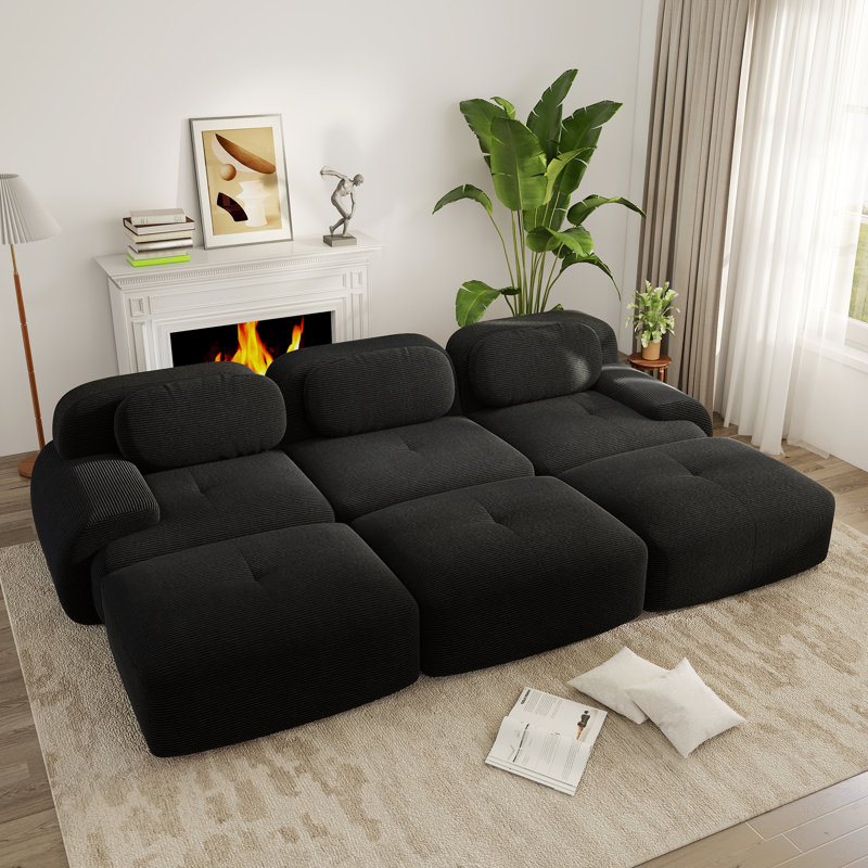 Ensemble de canapé modulaire à trois places avec 3 repose-pieds en velours côtelé noir, Nuit noire
