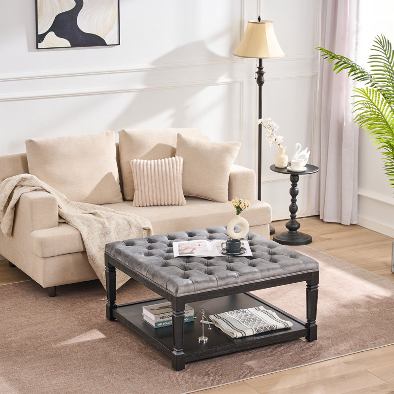 35" Square Velvet Tufted Cocktail Ottoman Coffee Table - Upholstered Storage Ottoman, Grey
