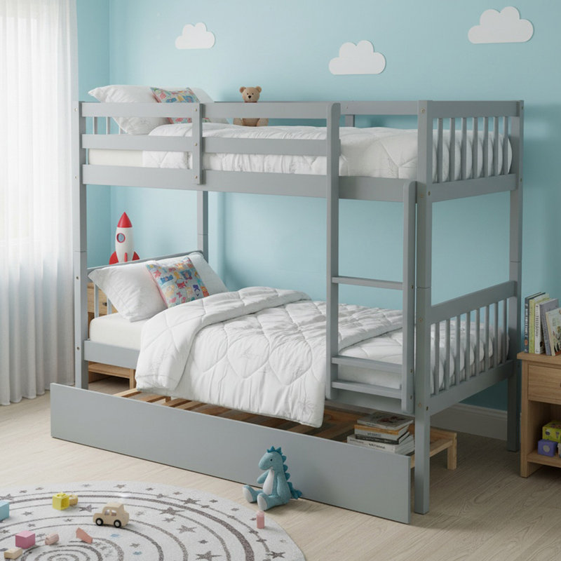 Solid Wood Twin Over Twin Bunk Bed with Trundle, Convertible Into 2 Twin Beds, Twin Size Bunk Bed with Ladder for Boys& Girls