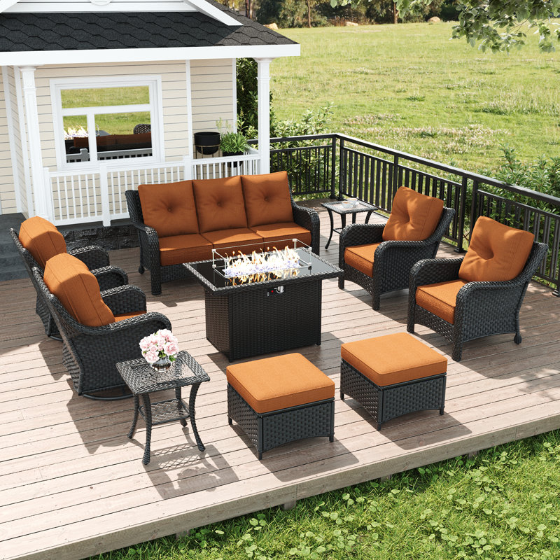 10 Piece Wicker Outdoor Furniture Set With 6-inch Comfy Cushions, High Back Patio Furniture Set With Swivel Rocking Chairs And Fire Pit Table