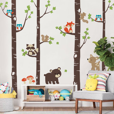 Adhésif décoratif bouleaux avec de jolis animaux de la forêt