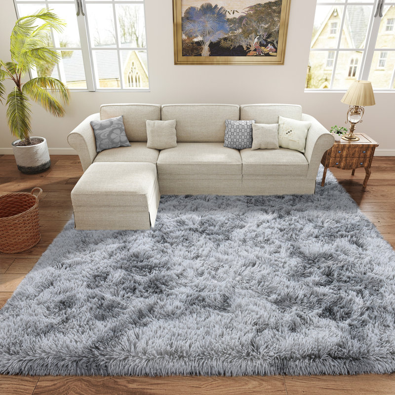 Shag Area Rugs 4x6 ft, Tie-dyed Grey Fluffy Rug for Living Room, Non-Slip Shag Carpet for Bedroom Nursery Kids Play Room Dorm Office