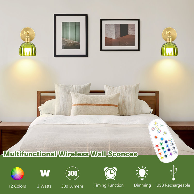 Battery Operated Wall Sconces With Remote, Rechargeable Wireless Wall Sconce With Tulip Glass Shade, RGB Dimmable Light (Set Of 2)