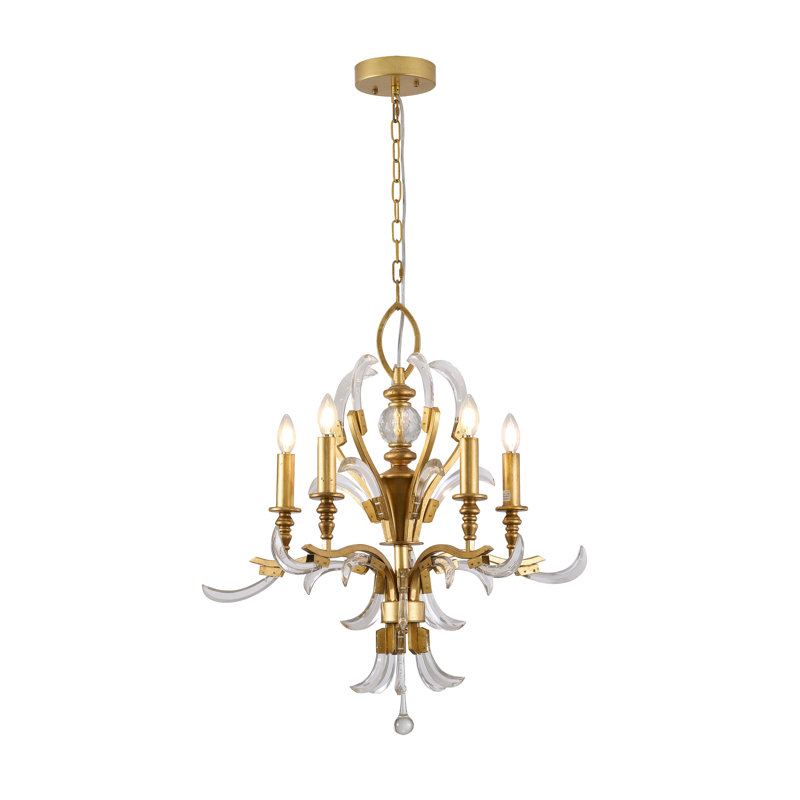 5-Light Gold Metal Leaf Chandelier With Clear Crystals