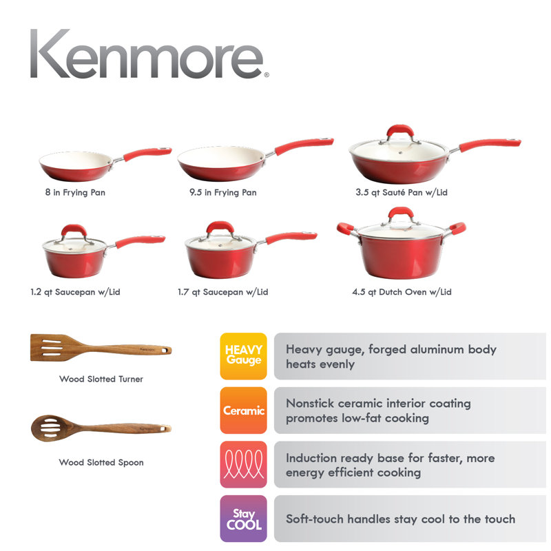 Kenmore 12 Pieces Aluminum Non Stick Cookware Set, Red