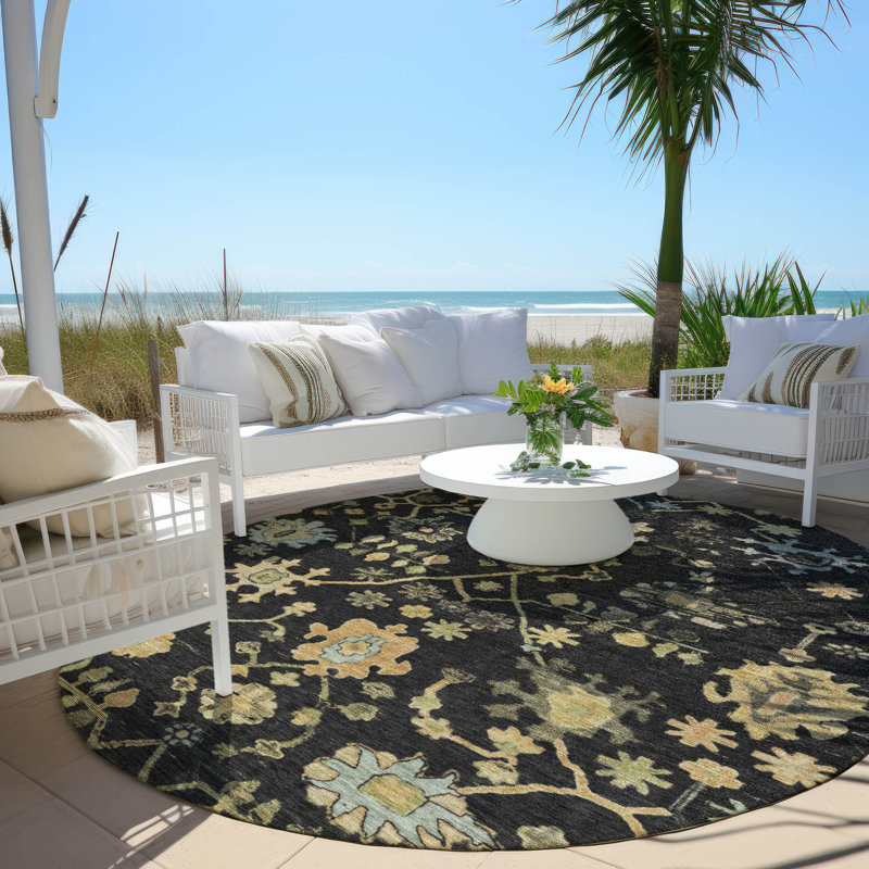 Machine Washable Indoor/Outdoor Xhevrie Black Rug, Round 8'