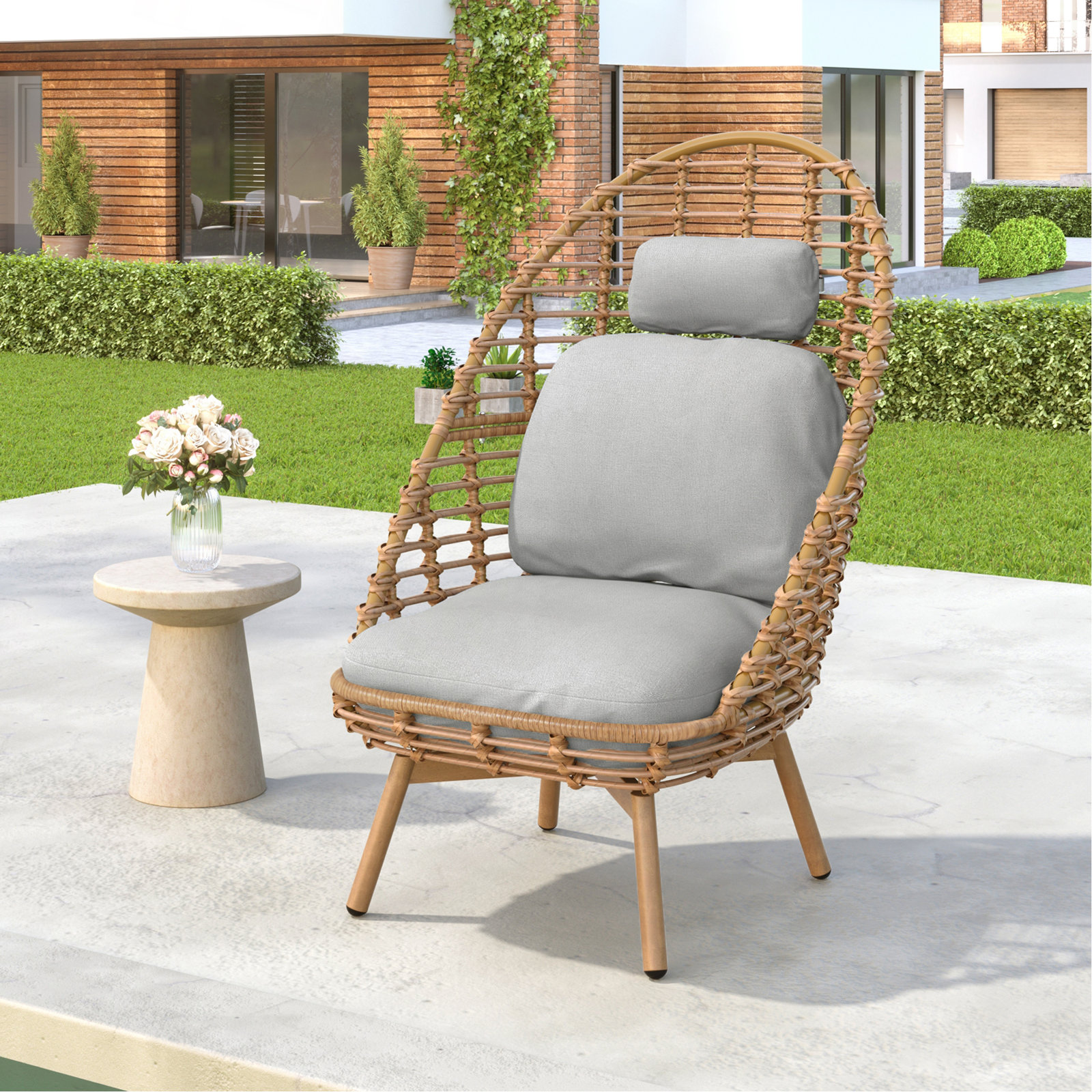 Ellis Outdoor Wicker High-Back Swivel Lounge Chair, Teak Finished Leg, Light Brown Faux Rattan And Beige Cushion