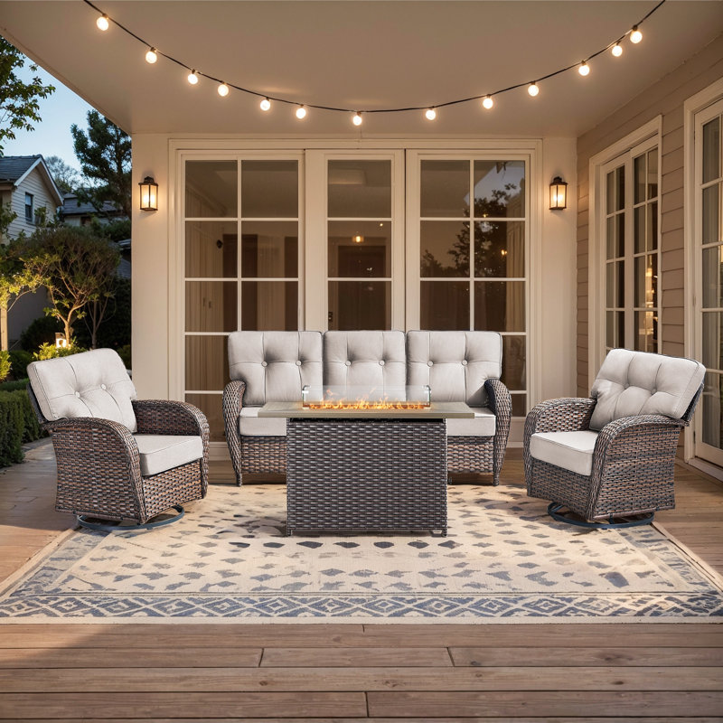 Teebeck 4-Piece Wicker Rattan Patio Conversation Set With Rectangle Fire Pit Table And Swivel Chairs, Beige