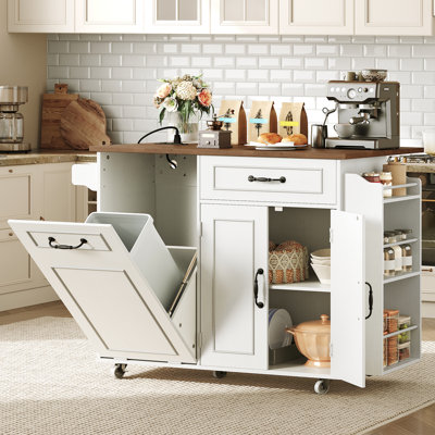 39.4" Kitchen Island with Power Outlet, Drop Leaf & Trash Can Storage, Rolling Cart with 3-Tier Spice Rack